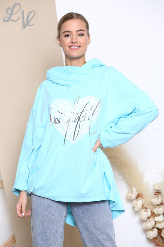 Dames Mooie Scribble Heart Hooded Sweatshirt Top Turkoois