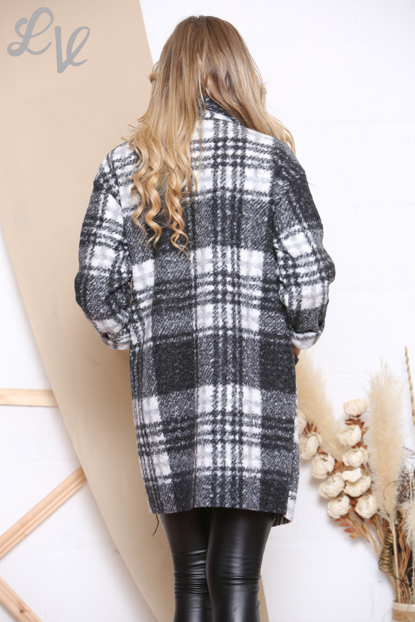 Dames Geruite Gekookte Wol Double Breasted Jas Zwart/Wit Per stukprijs WAS € 21,99 NU € 12,99