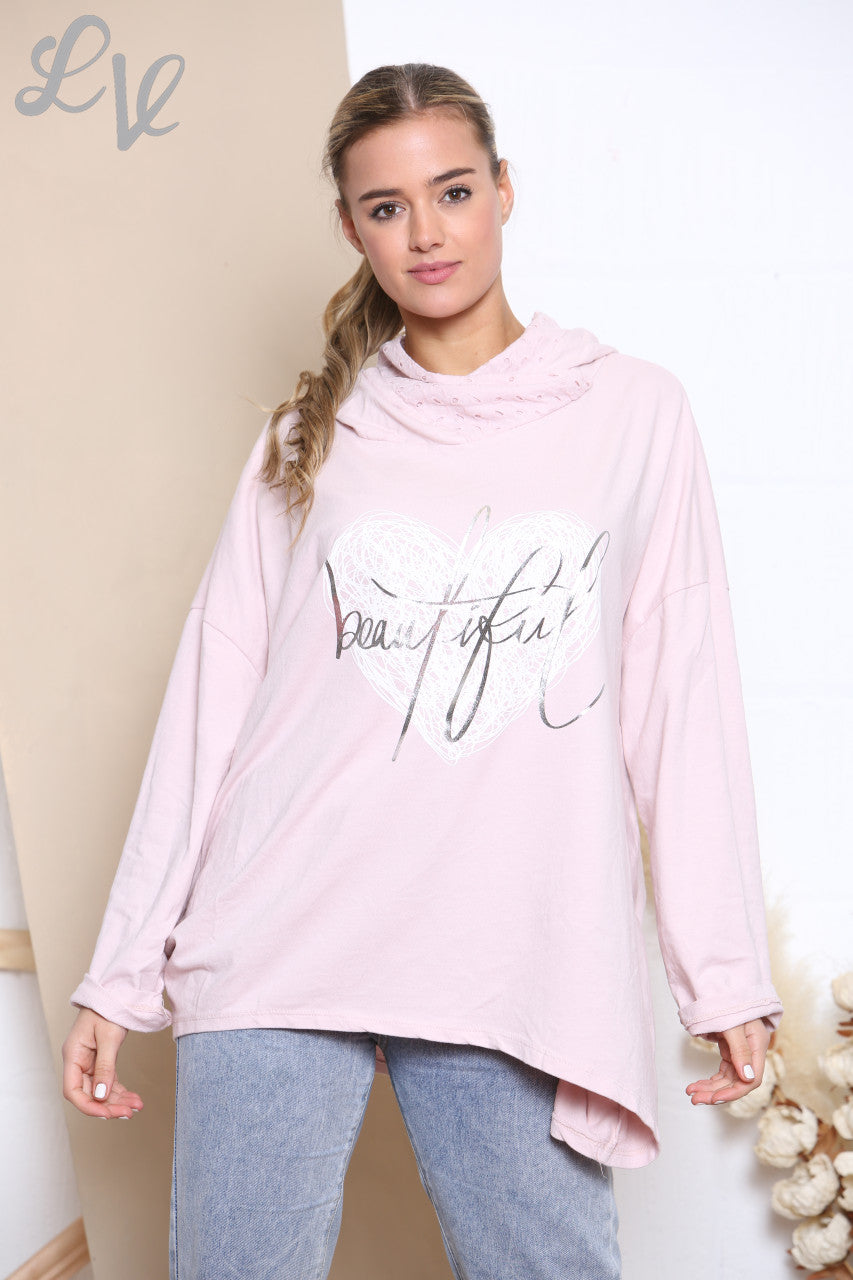 Ladies Beautiful Scribble Heart Hooded Sweatshirt Top Dusty Pink