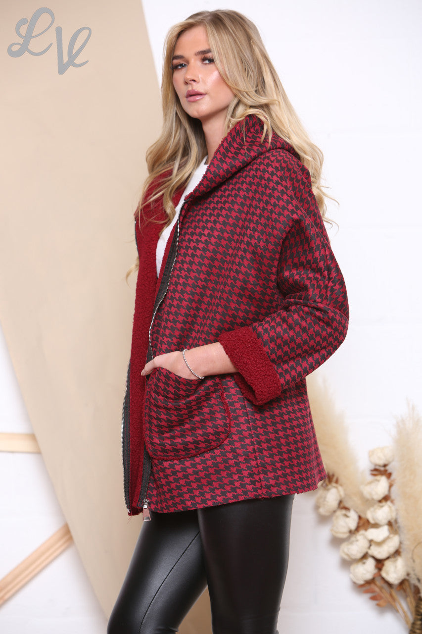 Ladies Dogtooth Hooded Jacket Red Unit Price WAS £16.99 NOW £9.99