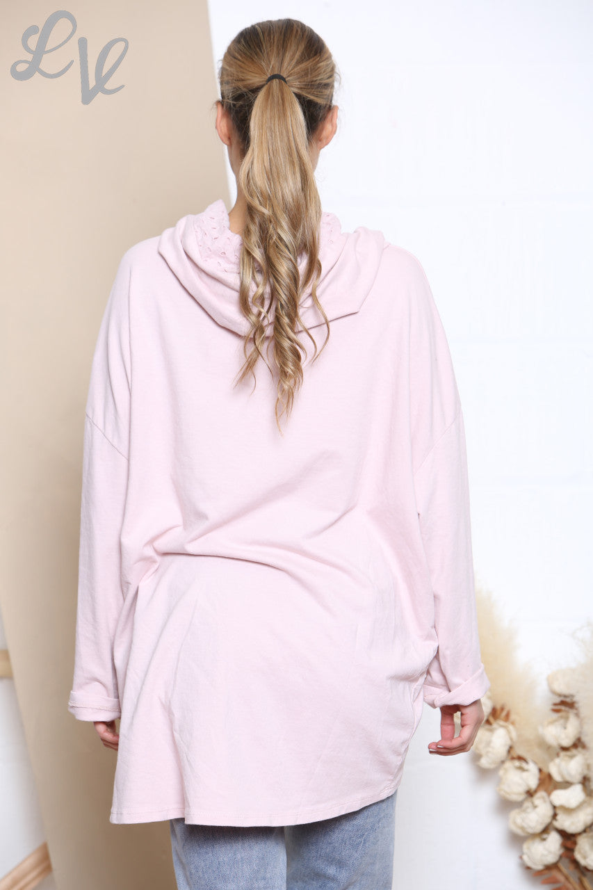 Ladies Beautiful Scribble Heart Hooded Sweatshirt Top Dusty Pink