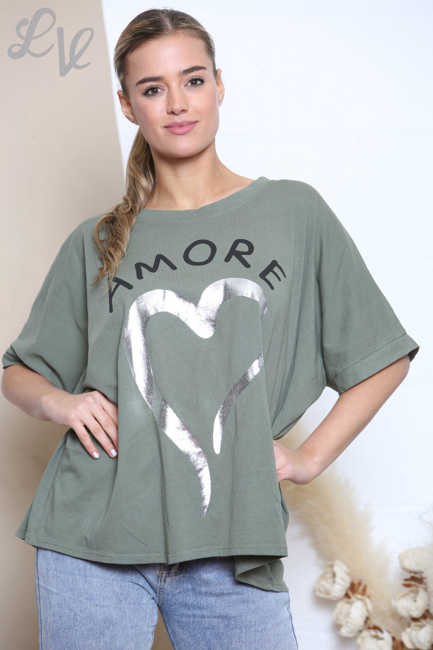 Ladies Amore Foil Heart Top Khaki