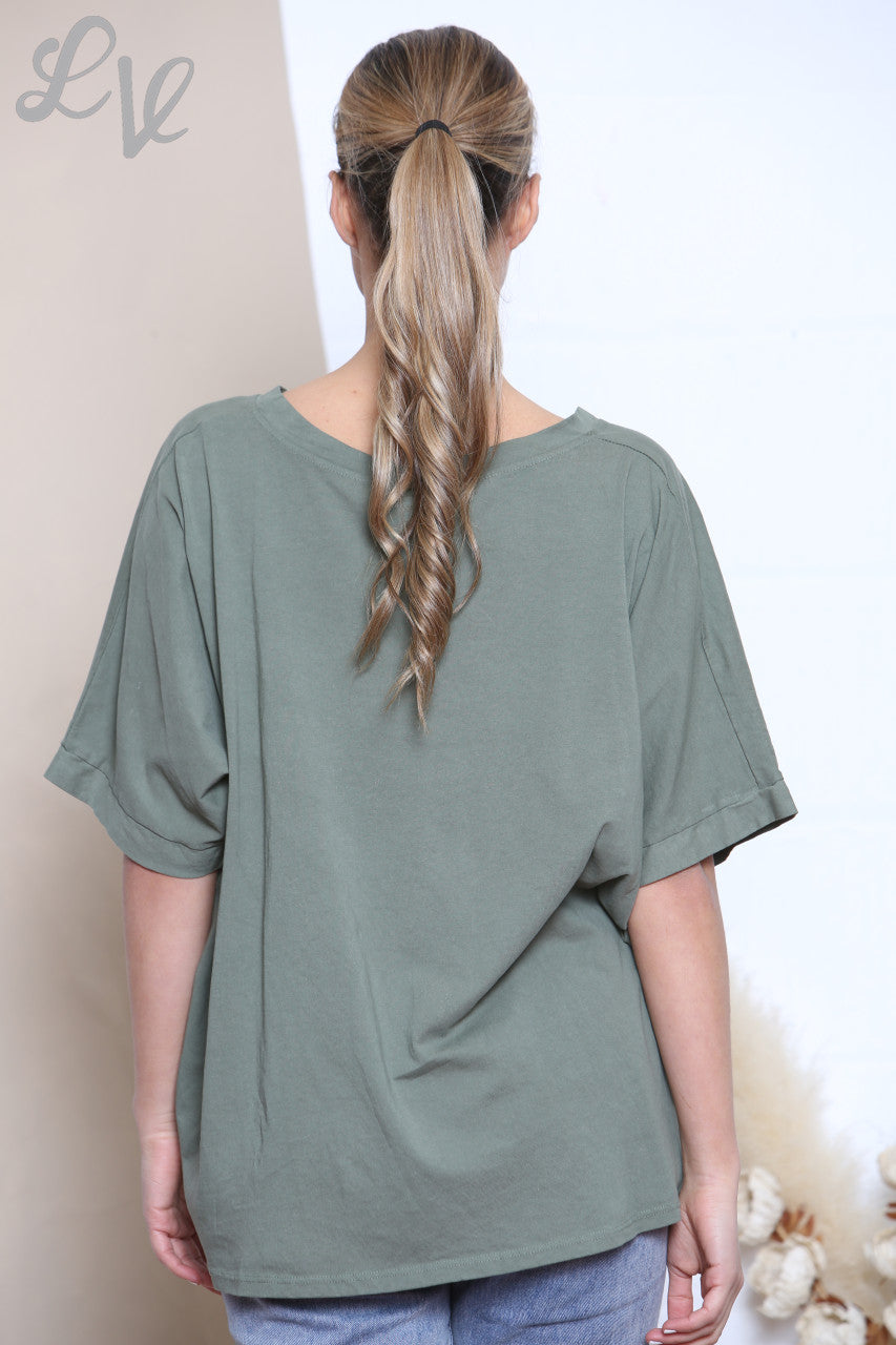 Ladies Amore Foil Heart Top Khaki