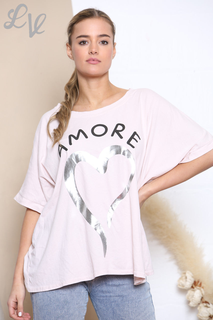 Ladies Amore Foil Heart Top Dusty Pink