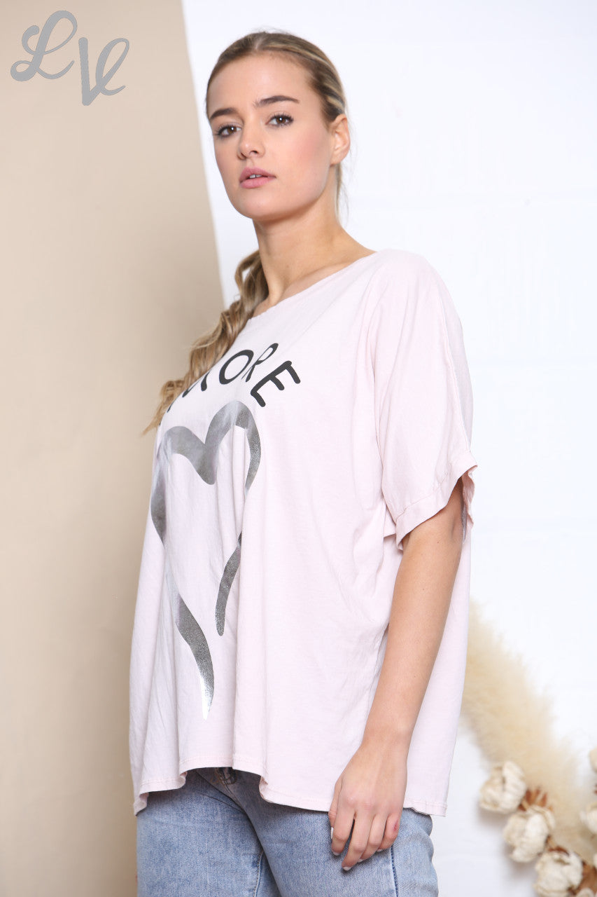 Ladies Amore Foil Heart Top Dusty Pink
