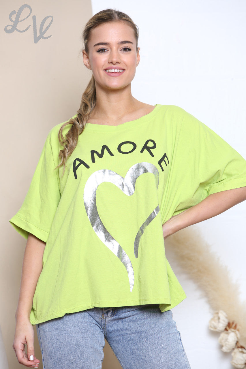 Ladies Amore Foil Heart Top Lime