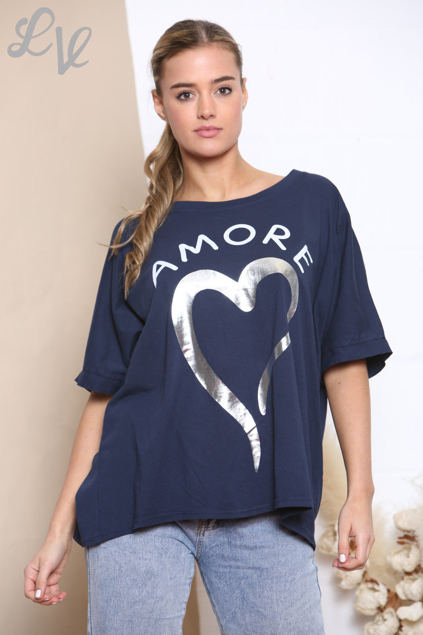 Ladies Amore Foil Heart Top Navy
