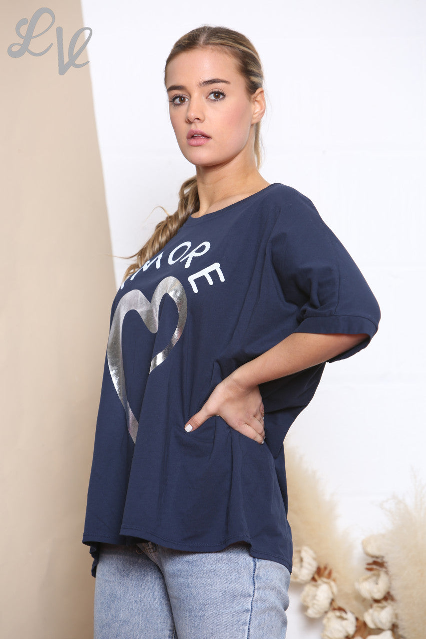 Ladies Amore Foil Heart Top Navy