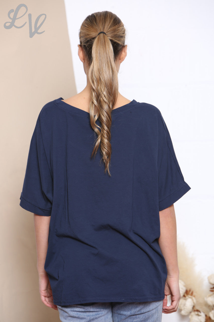 Ladies Amore Foil Heart Top Navy