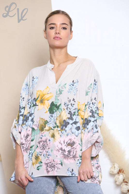 Ladies Tulip Flowers Print Blouse Top Stone