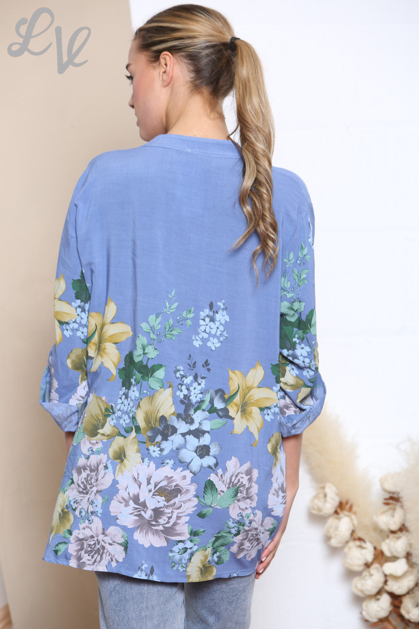 Dames Tulpen Bloemenprint Blouse Top Denim