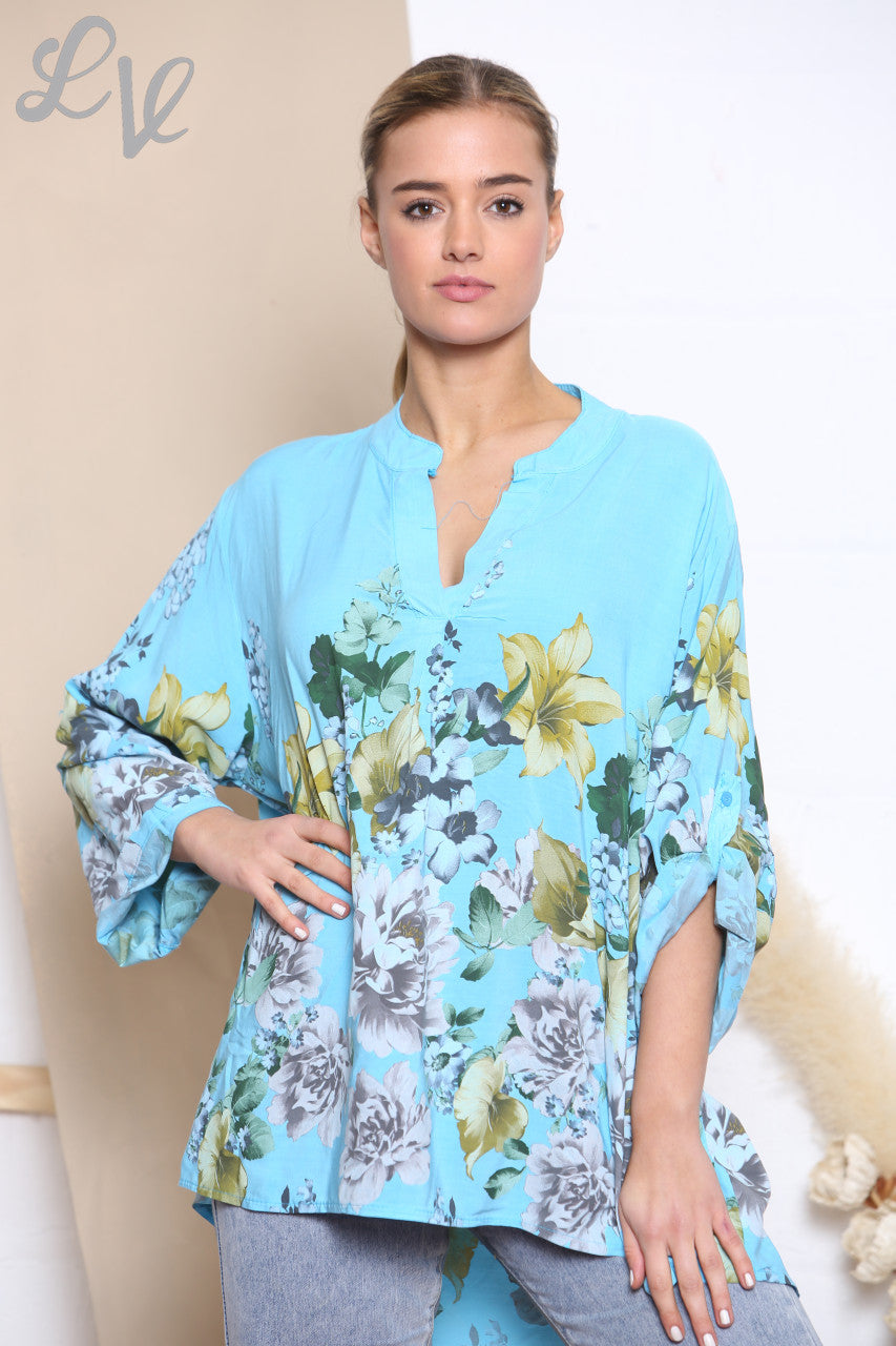 Dames Tulpen Bloemen Print Blouse Top Turkoois