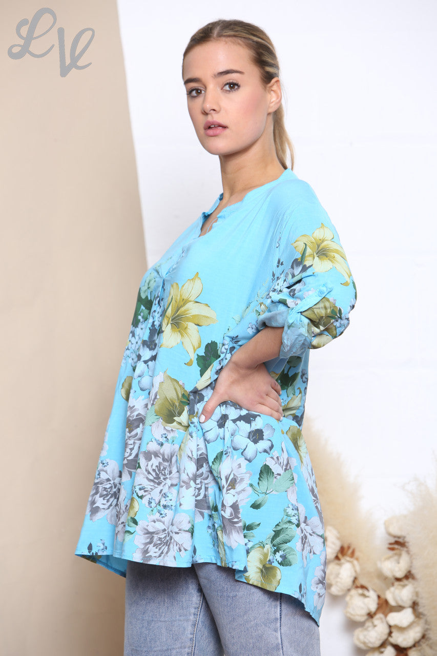 Dames Tulpen Bloemen Print Blouse Top Turkoois