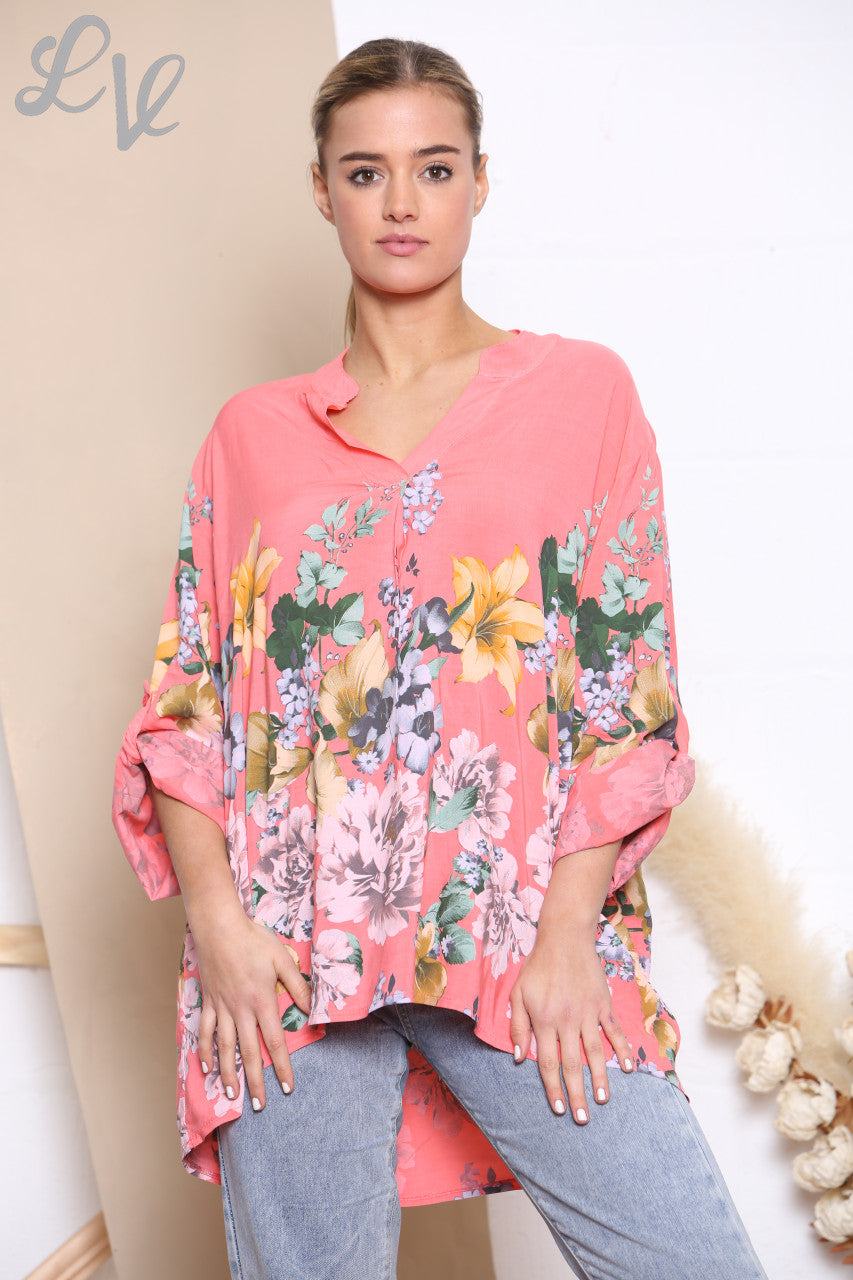 Ladies Tulip Flowers Print Blouse Top Coral