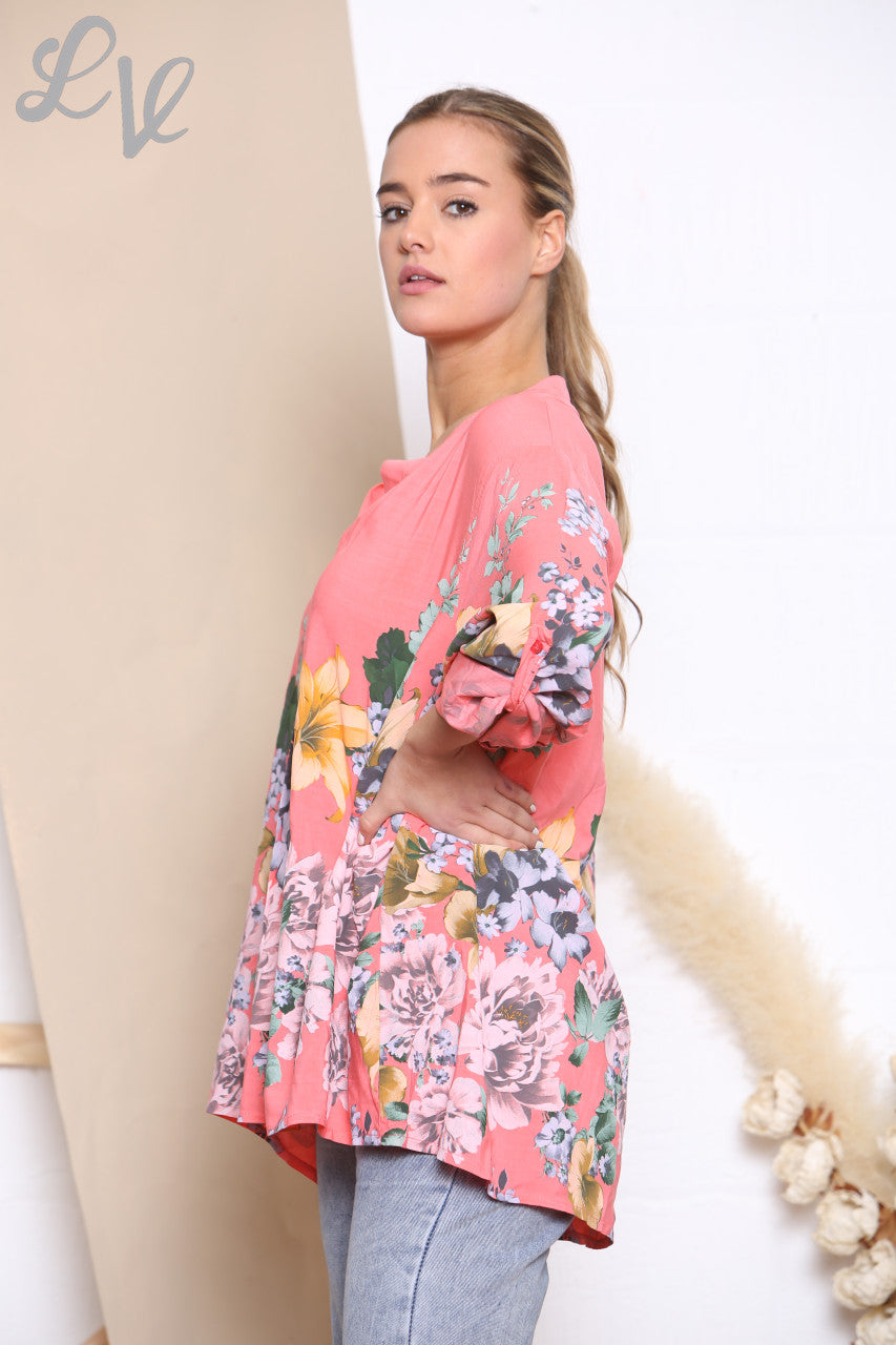 Ladies Tulip Flowers Print Blouse Top Coral