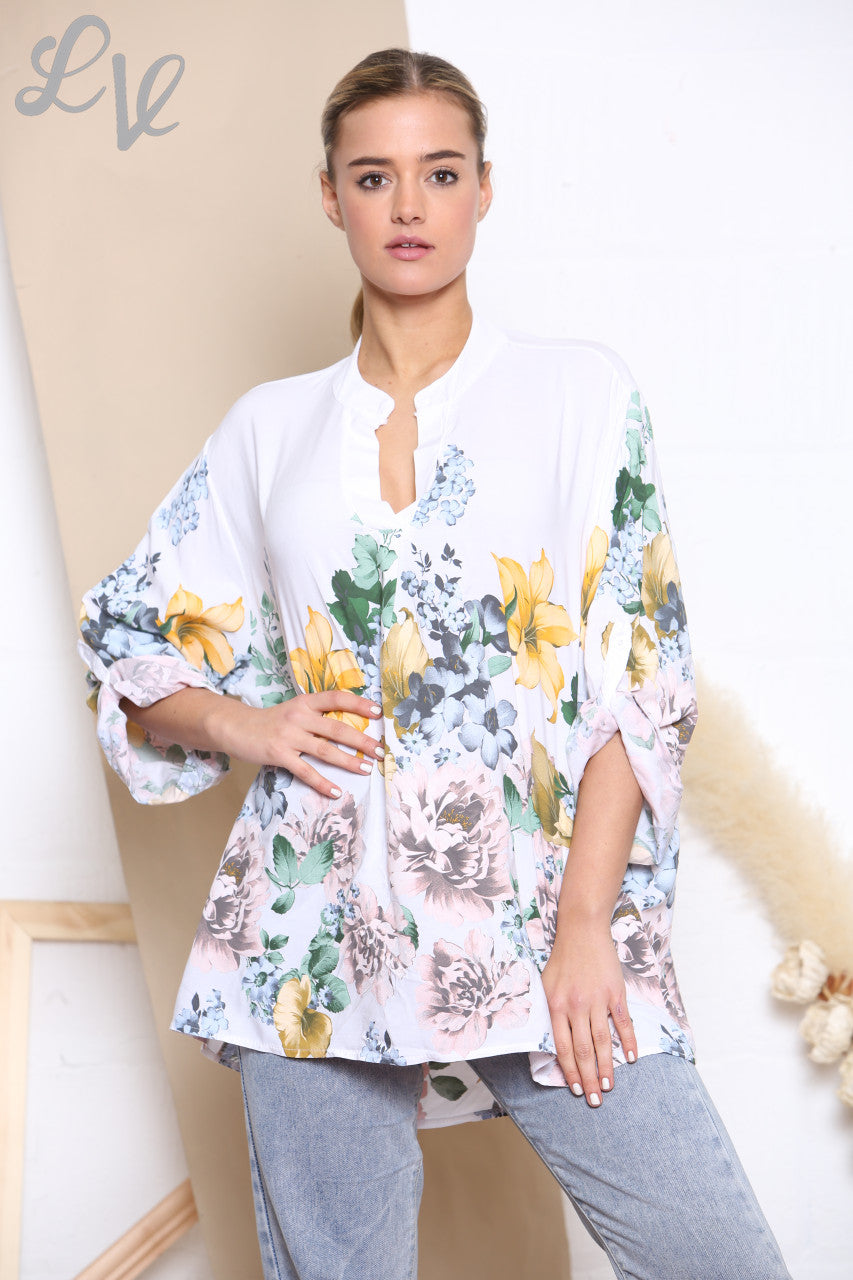 Ladies Tulip Flowers Print Blouse Top White
