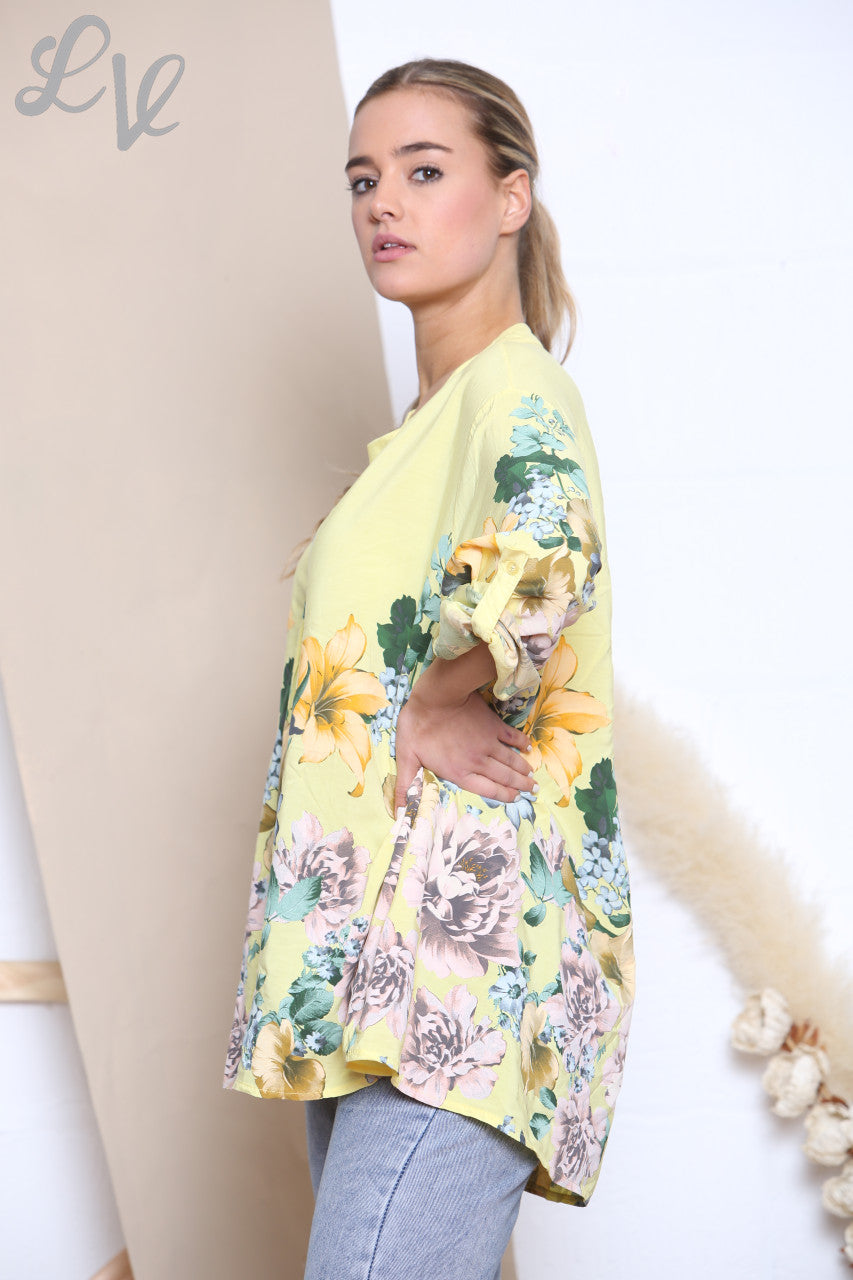 Ladies Tulip Flowers Print Blouse Top Lemon