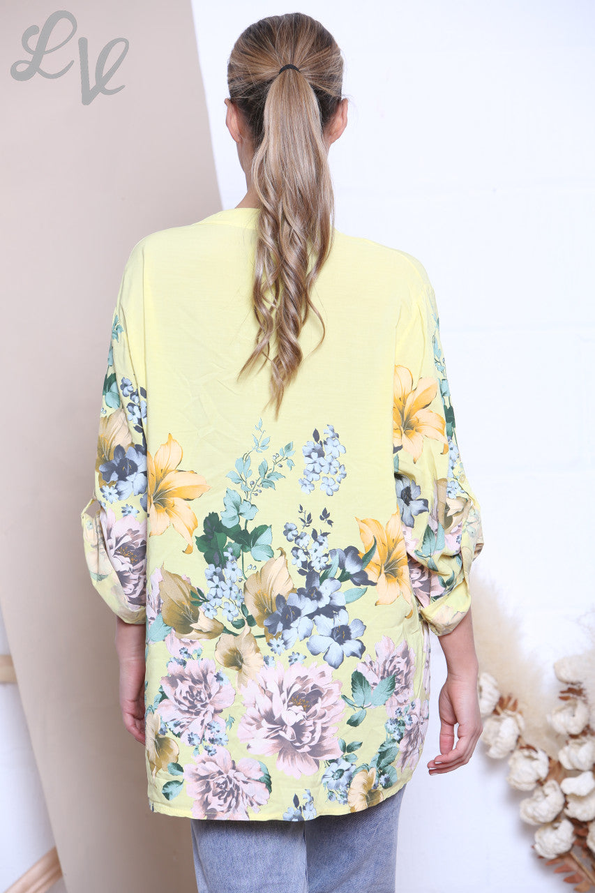 Ladies Tulip Flowers Print Blouse Top Lemon