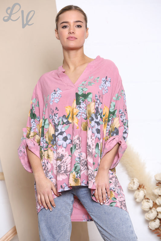 Ladies Tulip Flowers Print Blouse Top Pink