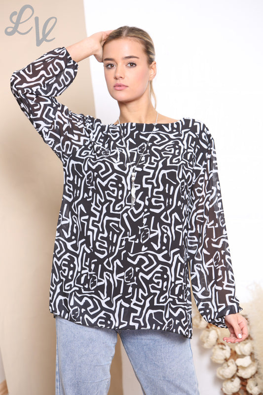 Ladies Scribble Print Pleated Blouse Top Black