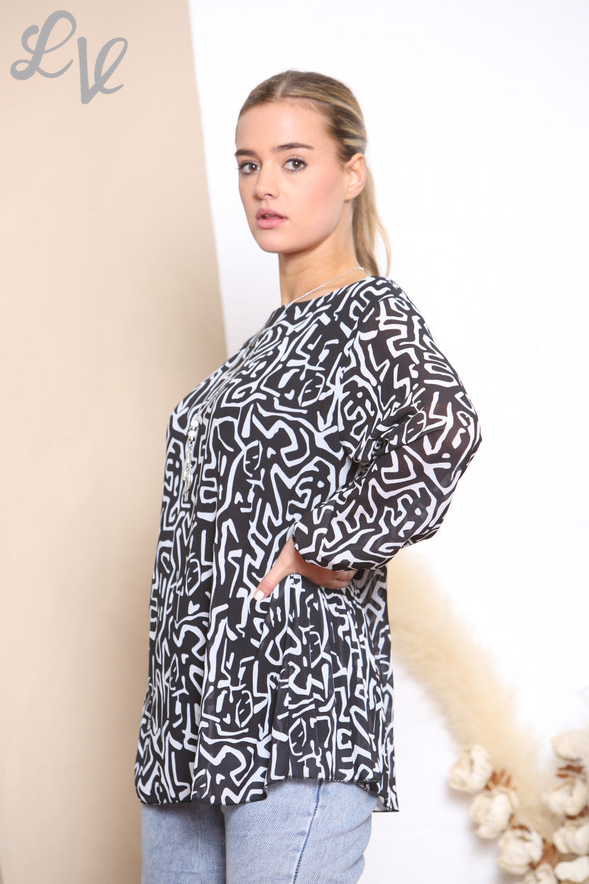 Dames Blouse met Plooien en Scribbleprint Zwart