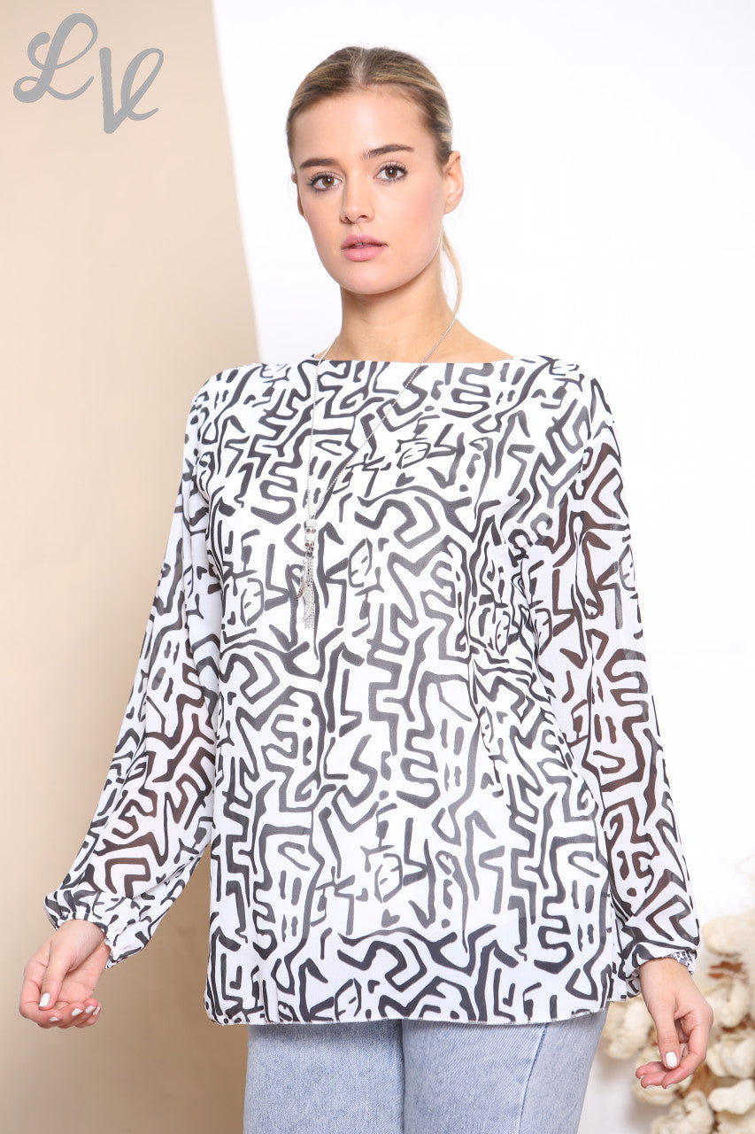 Ladies Scribble Print Pleated Blouse Top White