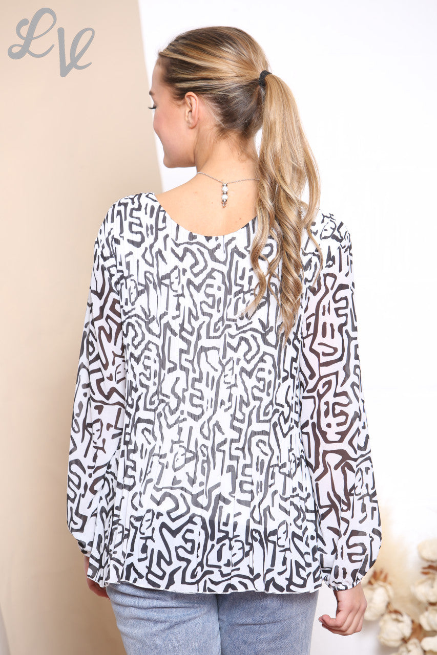 Ladies Scribble Print Pleated Blouse Top White