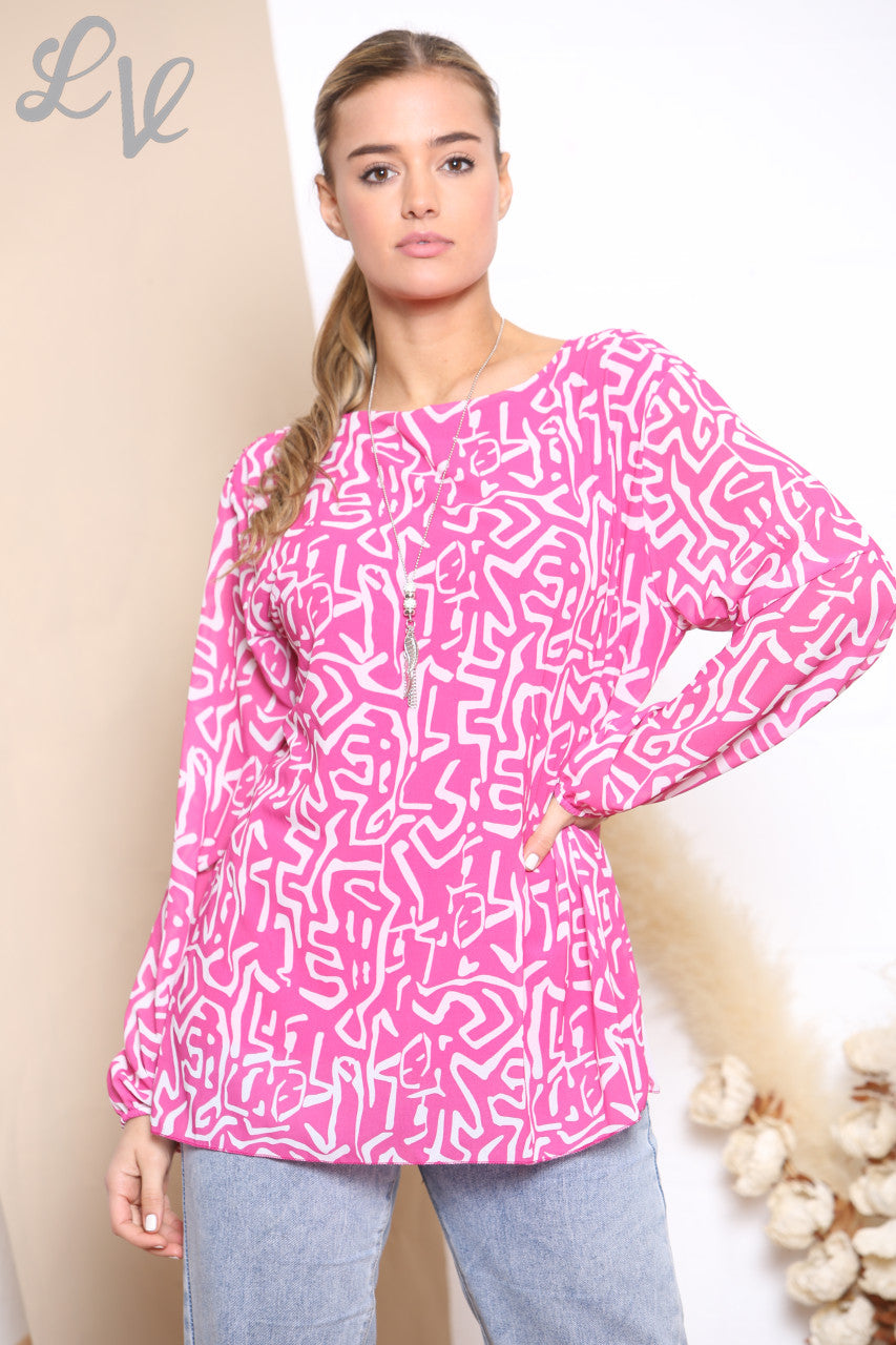 Ladies Scribble Print Pleated Blouse Top Cerise