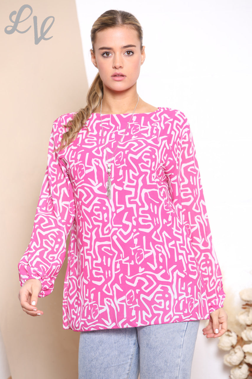 Ladies Scribble Print Pleated Blouse Top Cerise