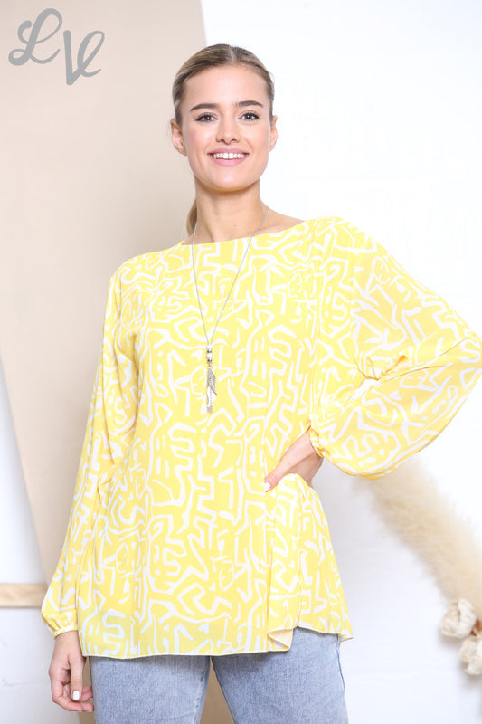 Ladies Scribble Print Pleated Blouse Top Lemon