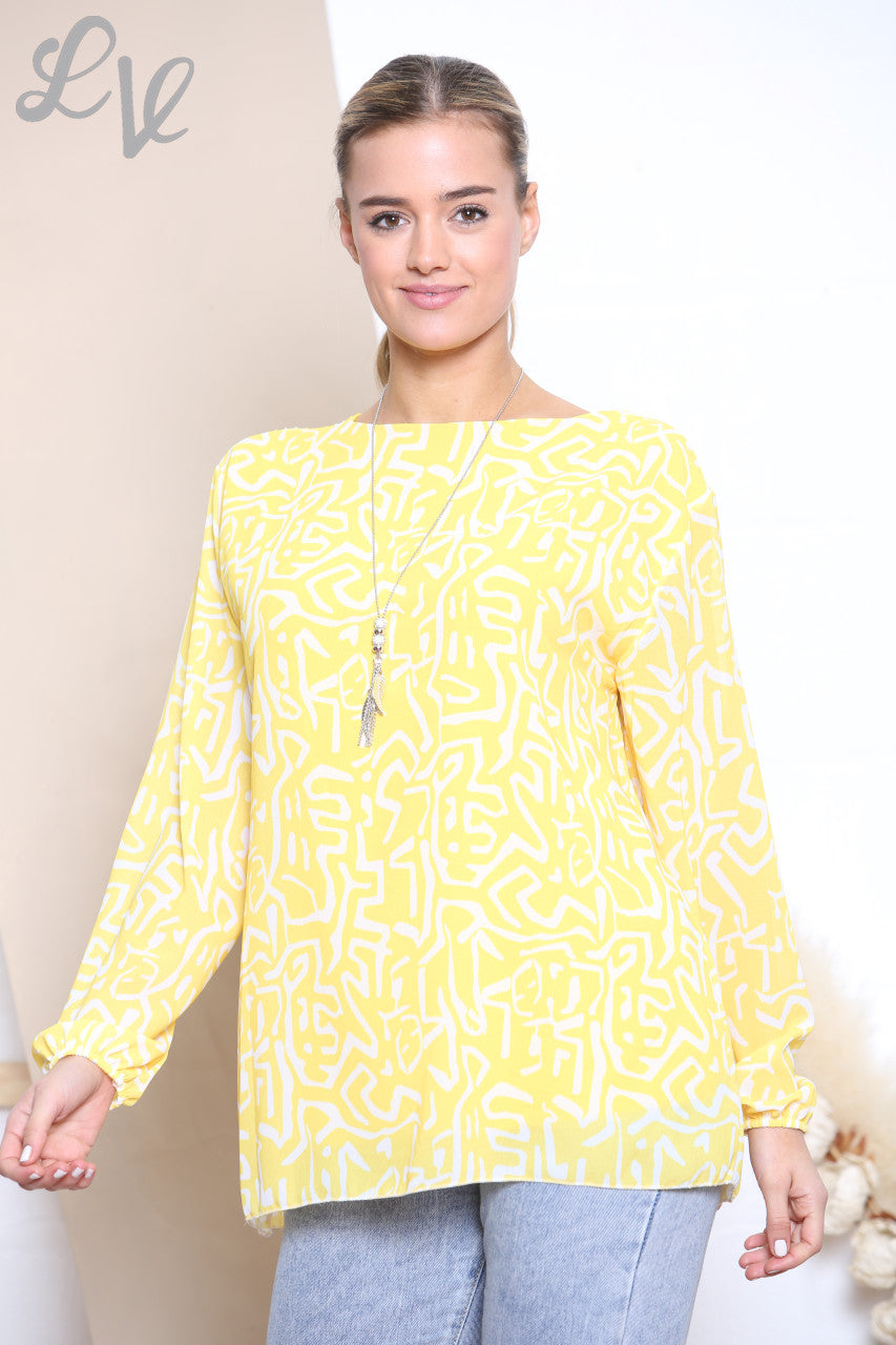 Ladies Scribble Print Pleated Blouse Top Lemon