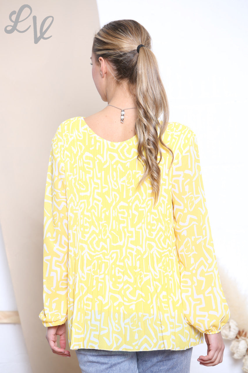 Ladies Scribble Print Pleated Blouse Top Lemon