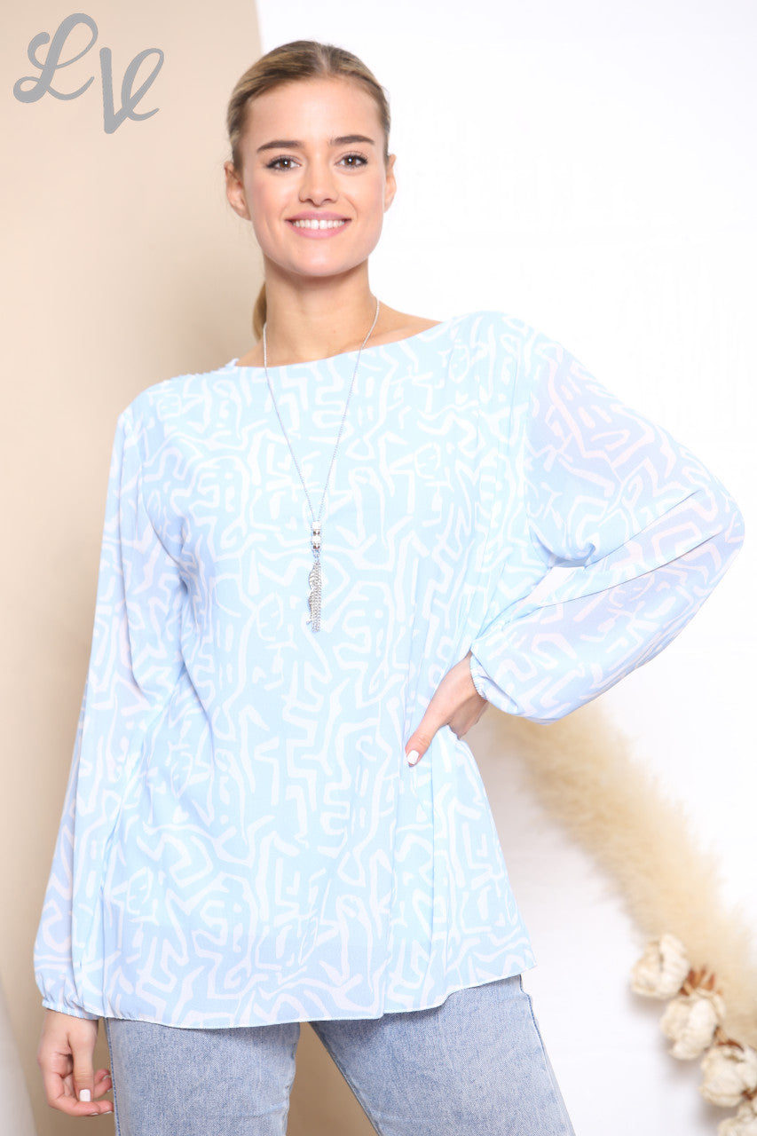 Dames geplooide blouse met krabbelprint hemelsblauw