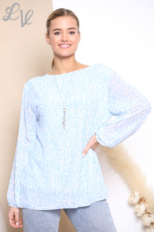 Ladies Scribble Print Pleated Blouse Top Sky Blue