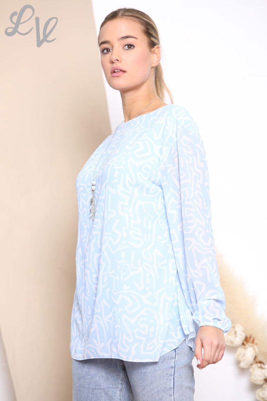 Dames geplooide blouse met krabbelprint hemelsblauw