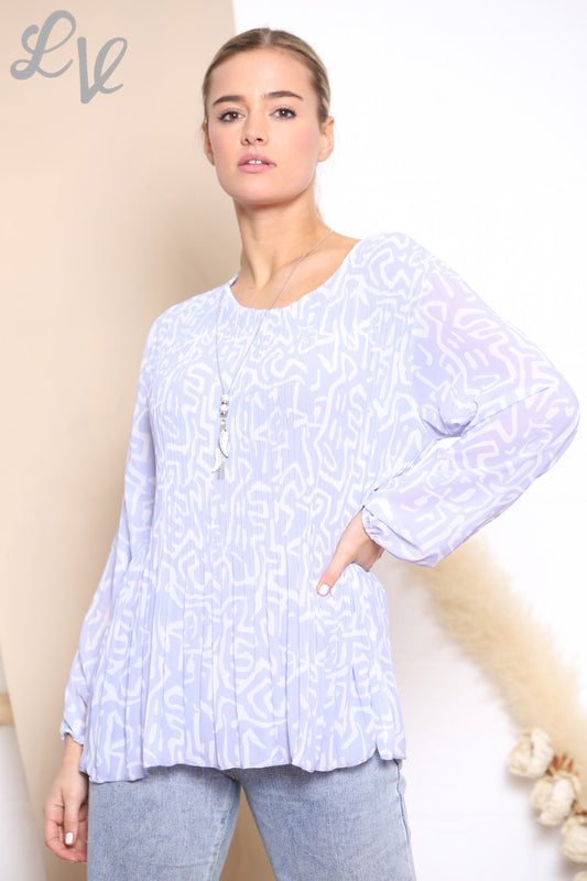 Ladies Scribble Print Pleated Blouse Top Lilac