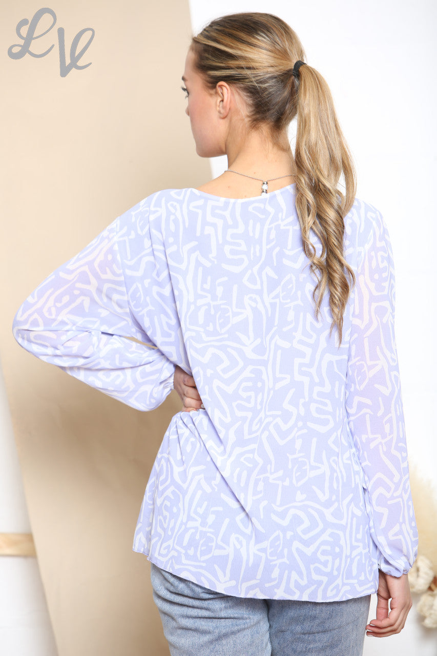 Ladies Scribble Print Pleated Blouse Top Lilac