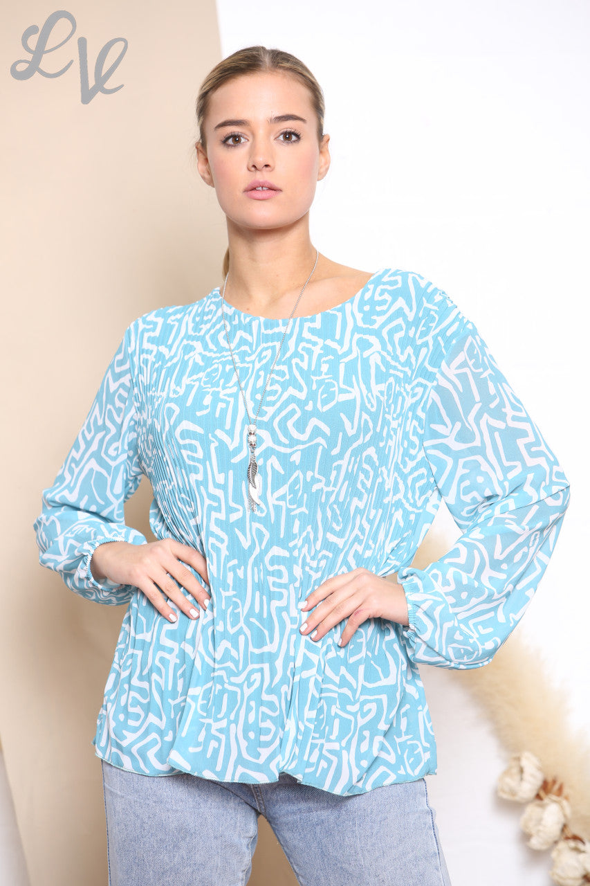 Dames geplooide blouse met krabbelprint turkoois
