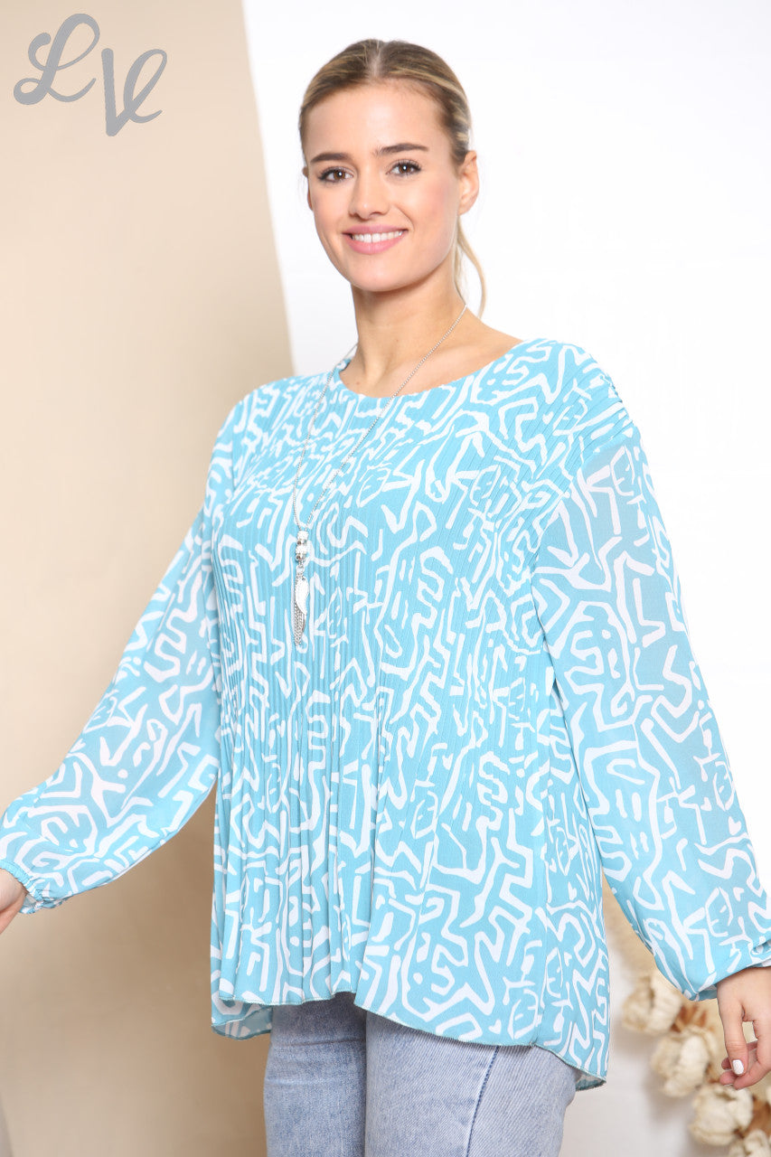 Dames geplooide blouse met krabbelprint turkoois