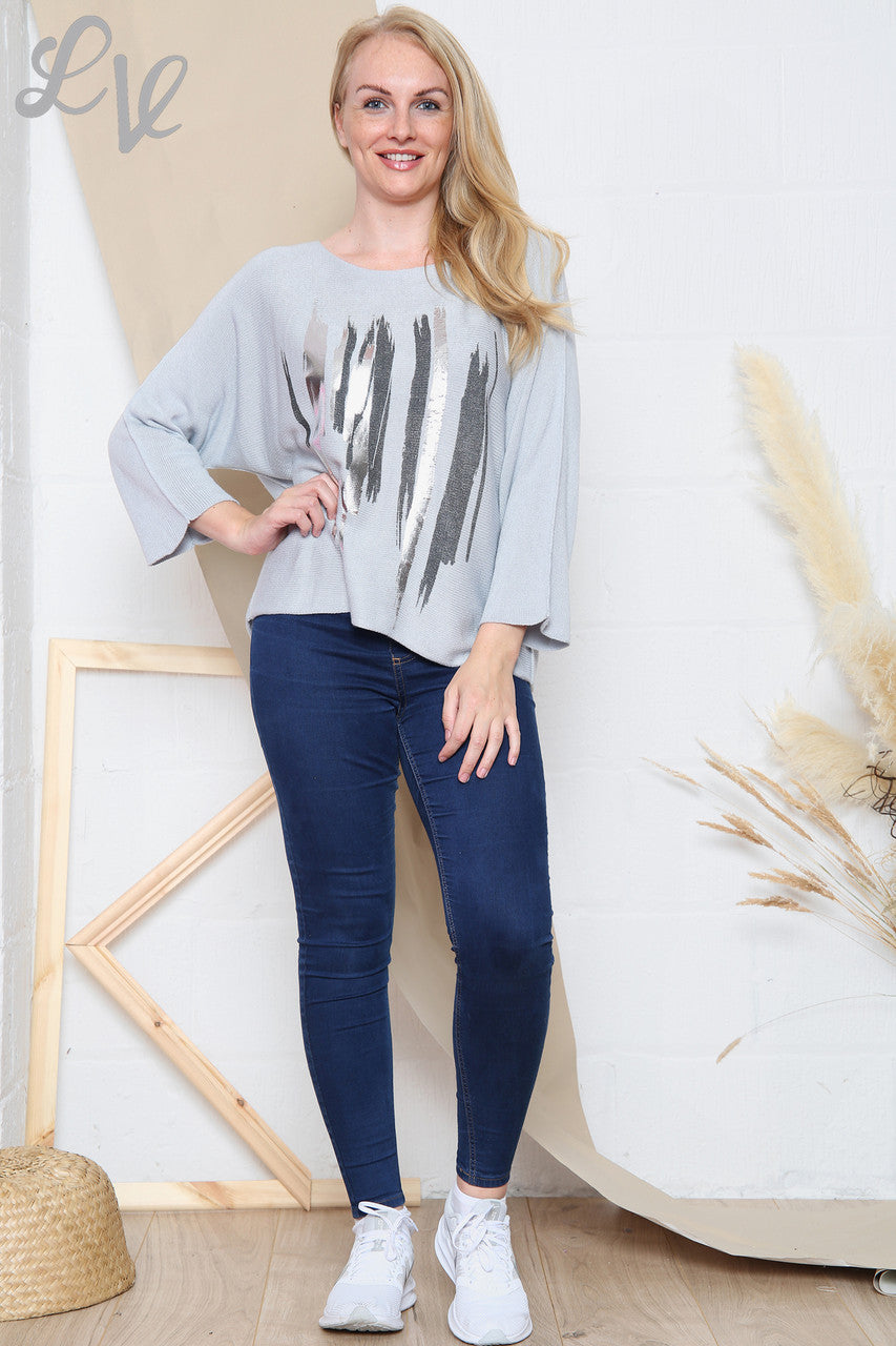 Ladies Foil Scratch Detail Fine Knit Jumper Grey Unit Price WAS £12.99 NOW £6.99