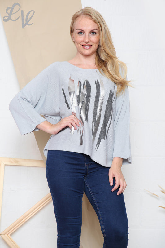 Ladies Foil Scratch Detail Fine Knit Jumper Grey Unit Price WAS £12.99 NOW £6.99