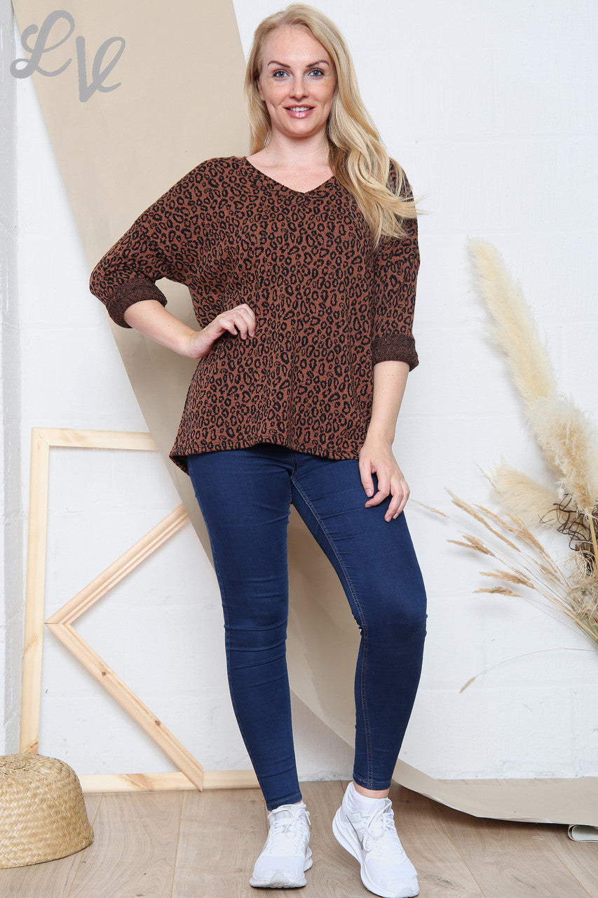 Ladies Leopard Print Fine Knit V-Neck Top Rust Unit Price £11.99