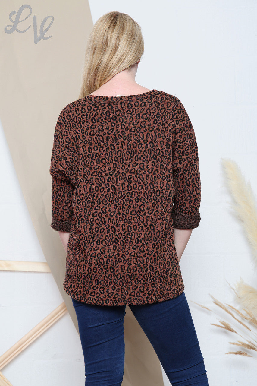 Ladies Leopard Print Fine Knit V-Neck Top Rust Unit Price £11.99