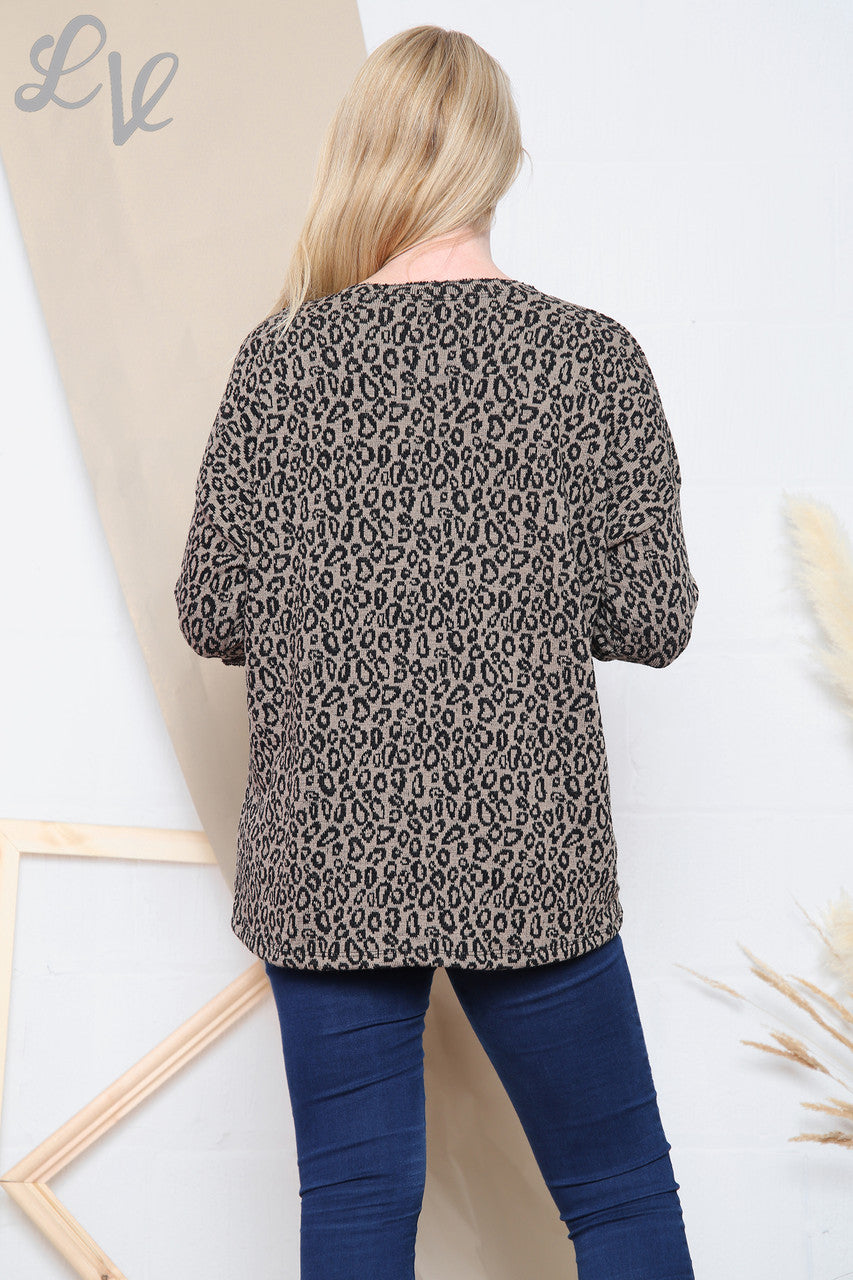 Ladies Leopard Print Fine Knit V-Neck Top Taupe Unit Price £11.99