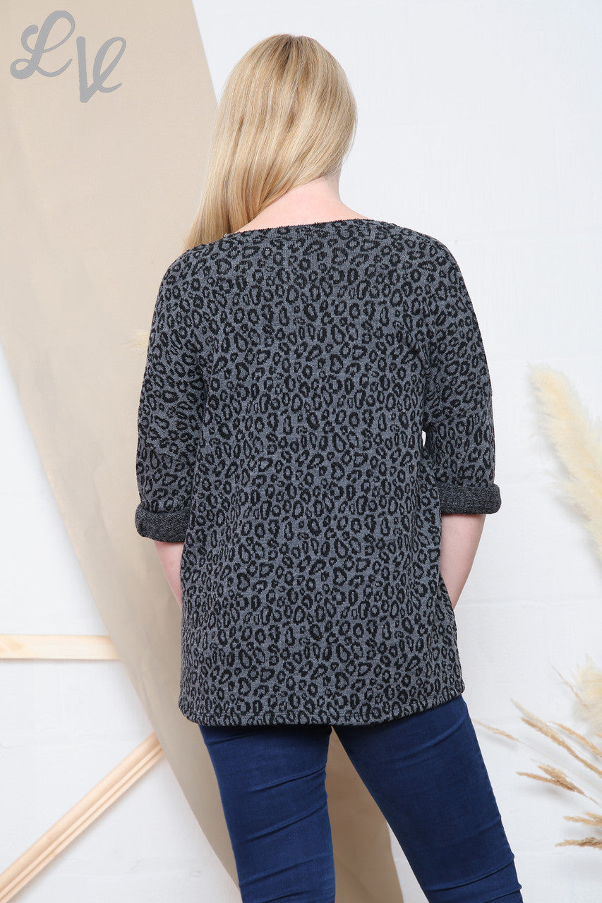 Ladies Leopard Print Fine Knit V-Neck Top Charcoal Unit Price £11.99