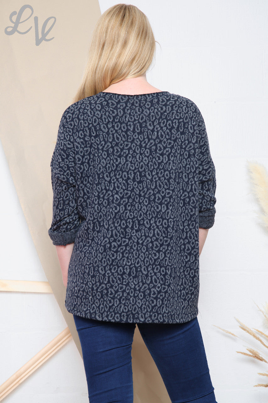 Dames Luipaardprint Fijn Gebreide V-hals Top Marine Per stuk £11.99