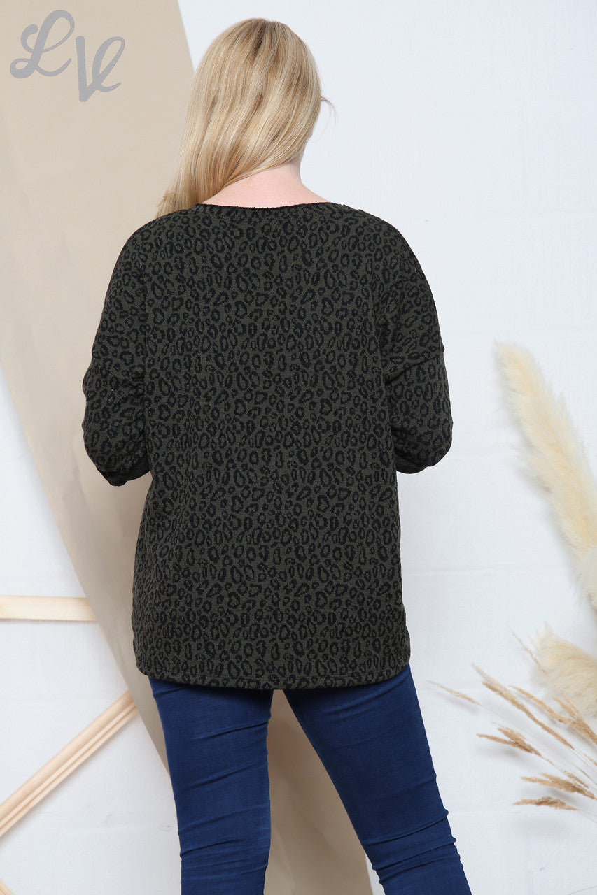 Dames Luipaardprint Fijngebreide V-hals Top Kaki Stukprijs € 11,99
