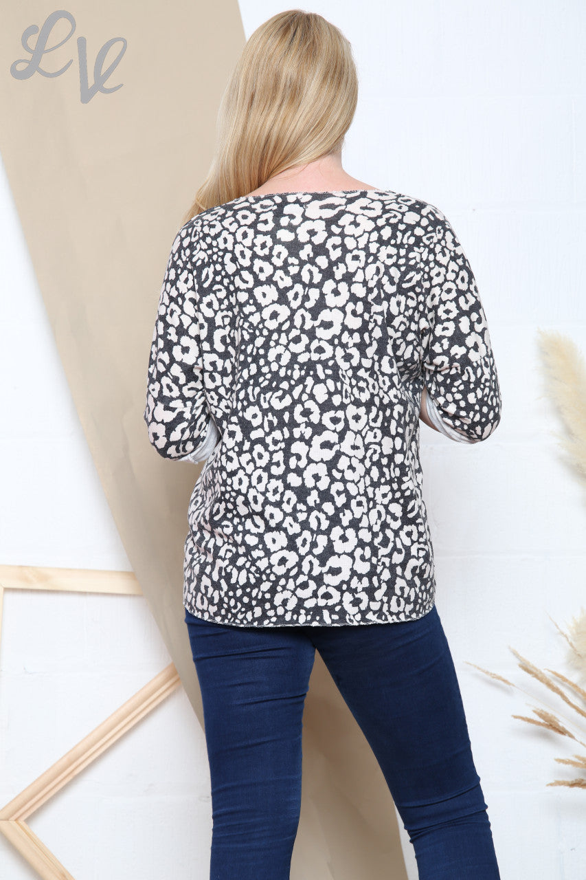 Ladies Animal Print Fine Knit Top Charcoal Unit Price WAS £12.99 NOW £5.99
