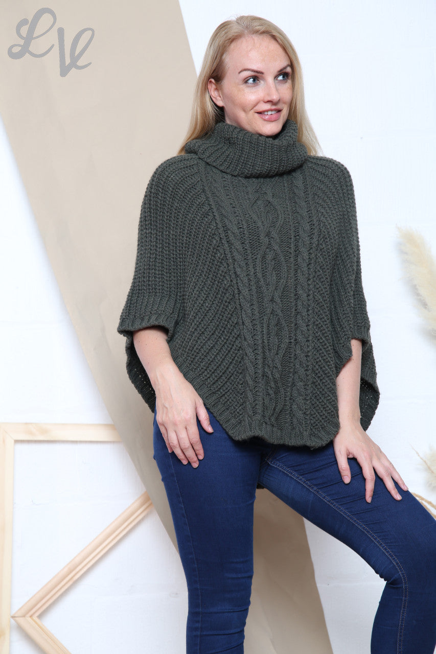 Dames kabelgebreide colponcho kaki