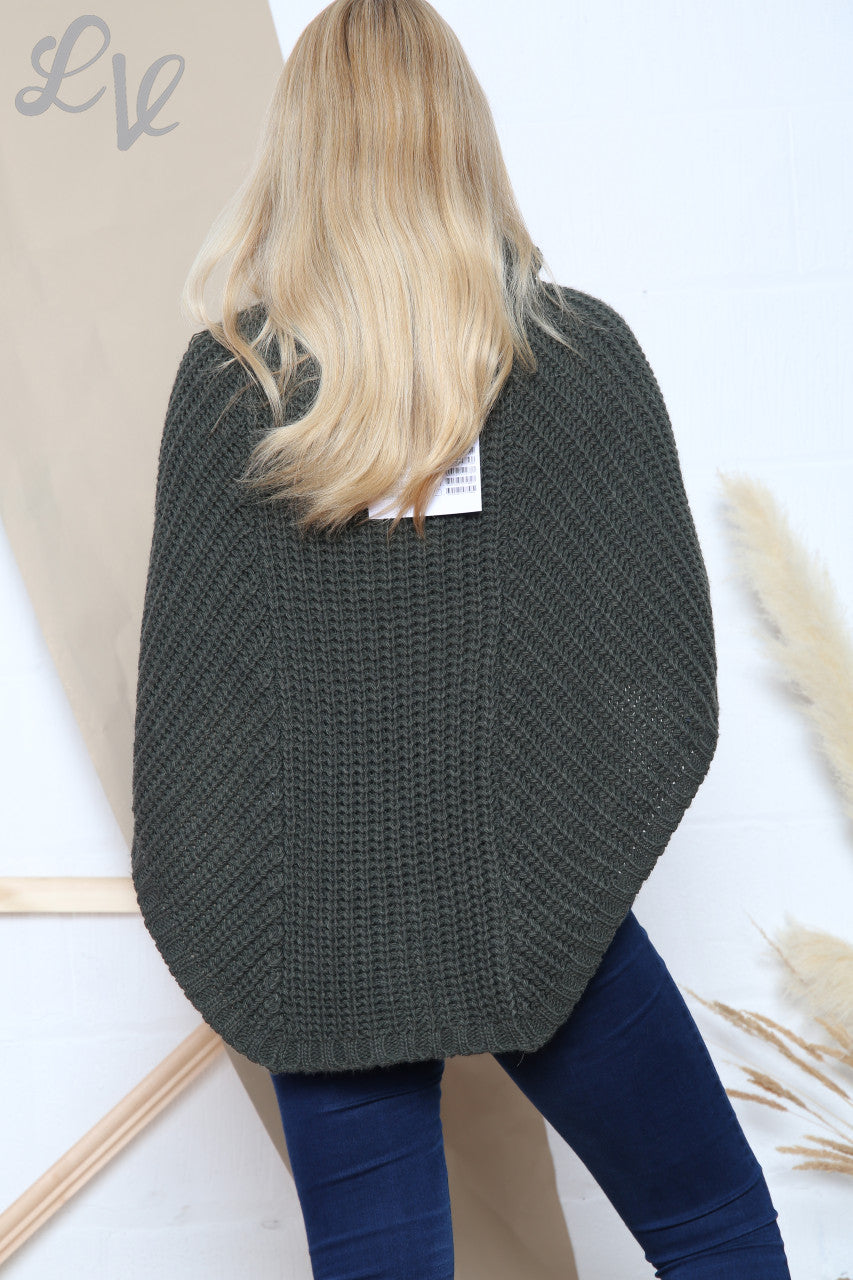 Dames kabelgebreide colponcho kaki